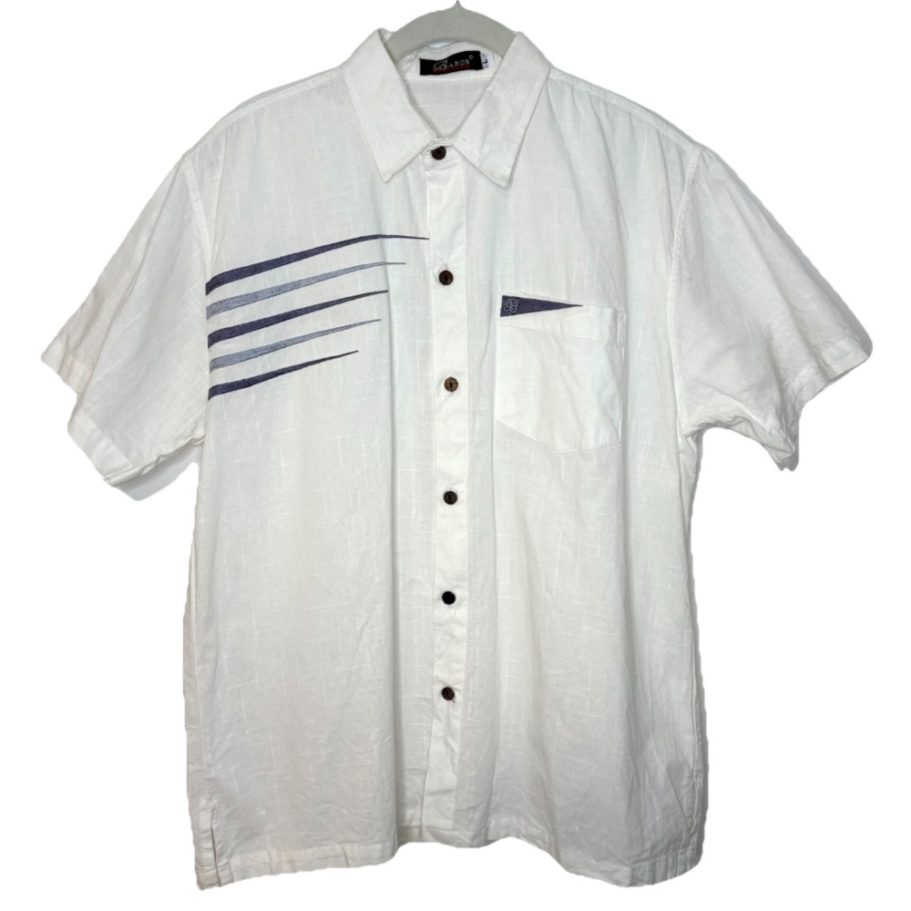 White Short Sleeve Baron Button Up Polo Mens Large Cotton Embroidered Summer